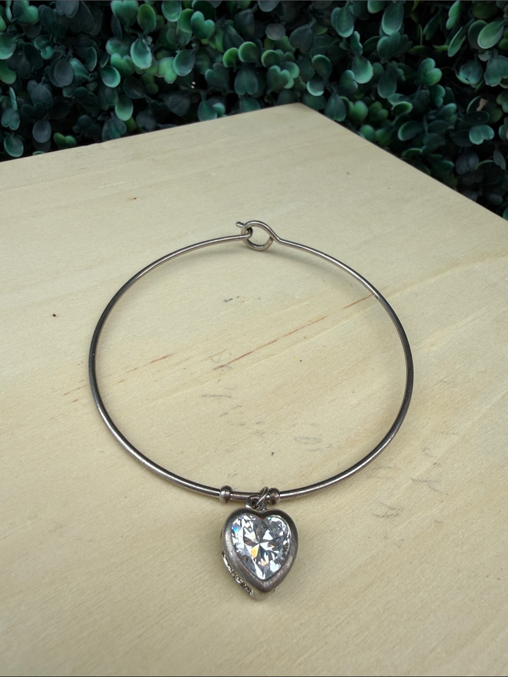 Silver-Tone Heart Charm Bangle Bracelet with Clear Crystal